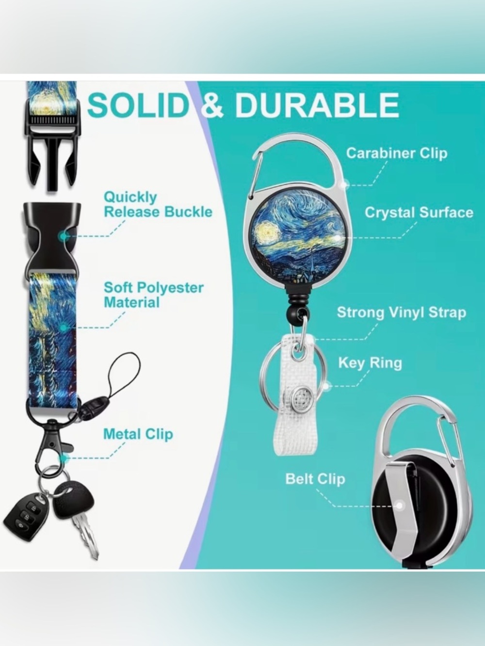 Van Gogh Starry Night Lanyard & Retractable ID Badge Holder Set  Badge Reel Clip - Picture 3 of 4